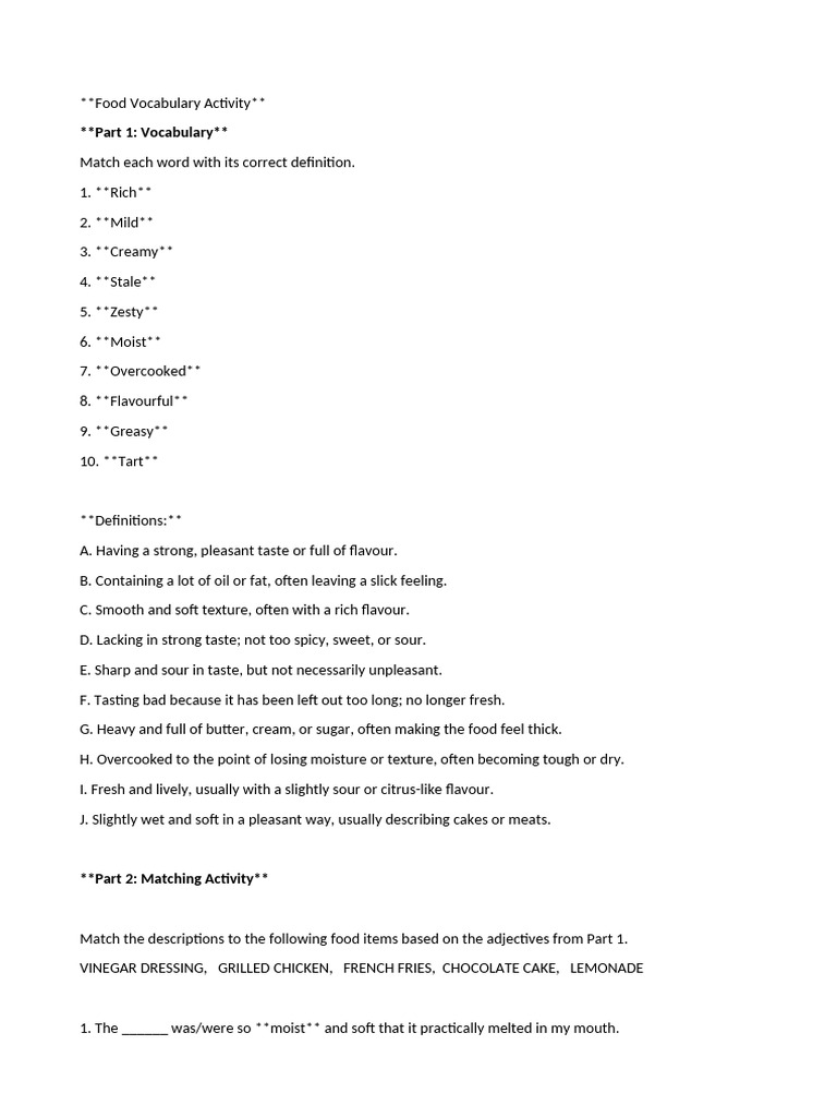 B2 Food Vocabulary Activity | PDF