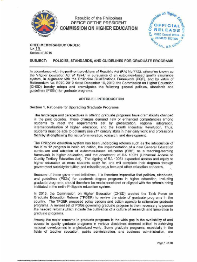 CHED Memorandum Order No. 15 Series of 2019 Compressed | PDF