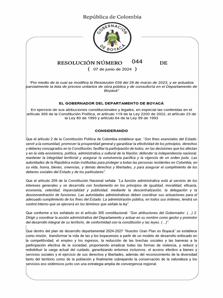 Modificación de la Resolución 044 en Boyacá | PDF | Constitución ...