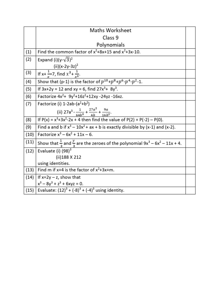 Class 9 Polynomials | PDF
