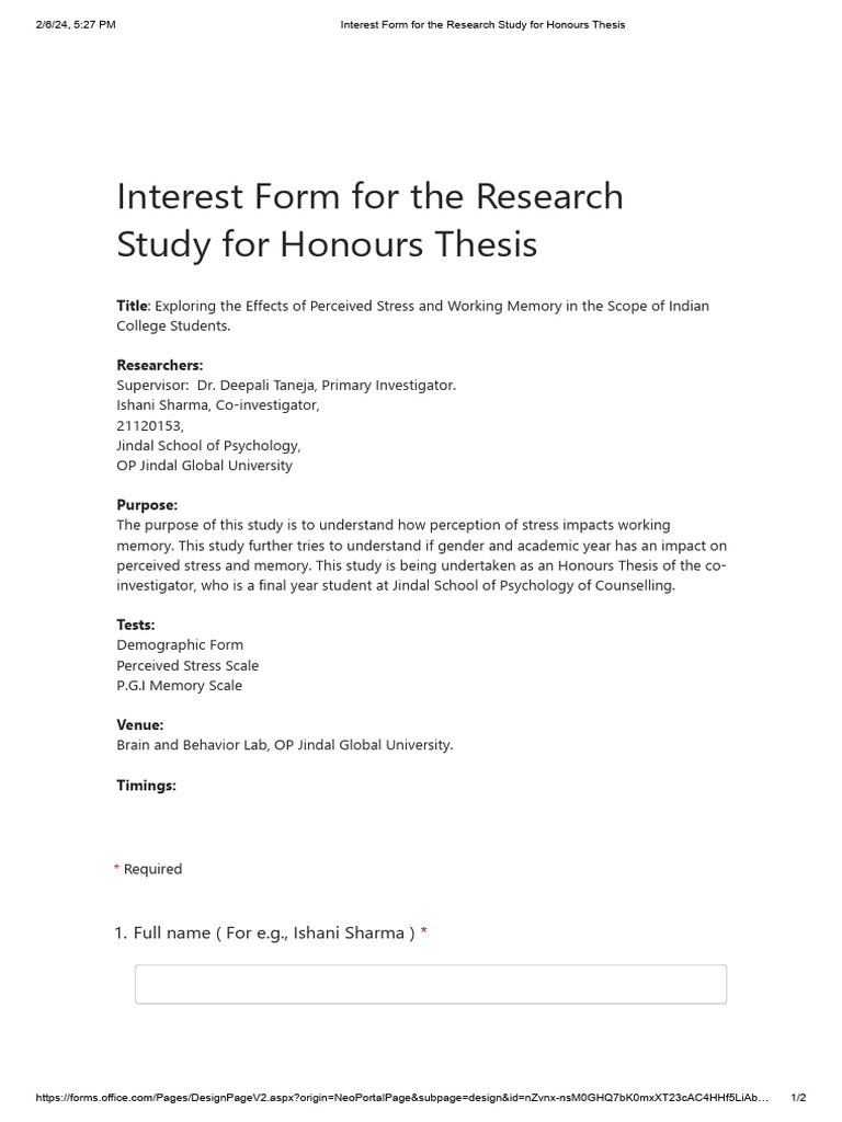 Interest Form For The Research Study For Honours Thesis | PDF