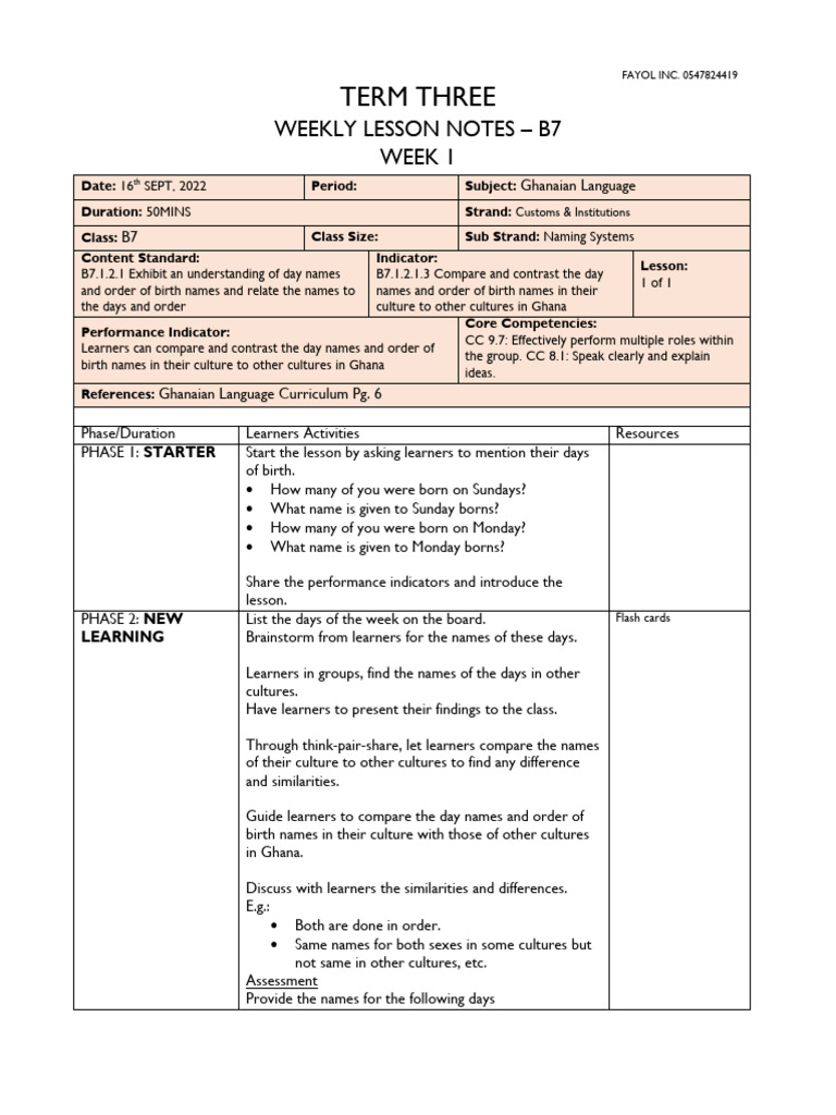 Basic 7 Term 3 Week 1 Ghanaian Language | PDF