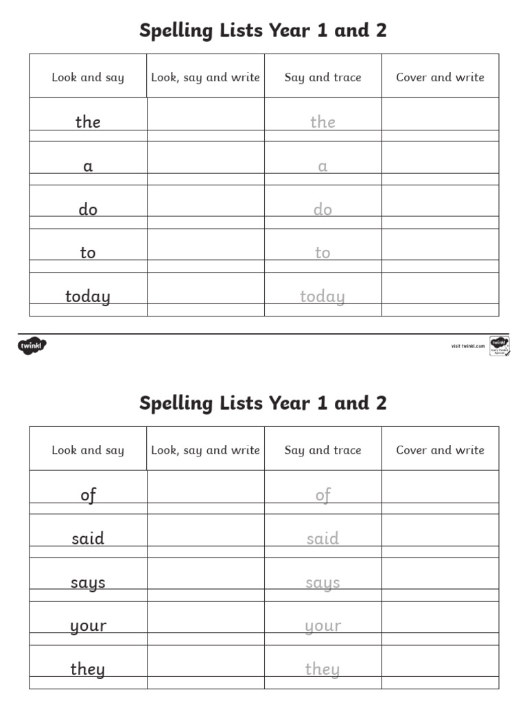 T L 52018 Year 1 and 2 Spelling List Word Writing Practice Worksheets ...