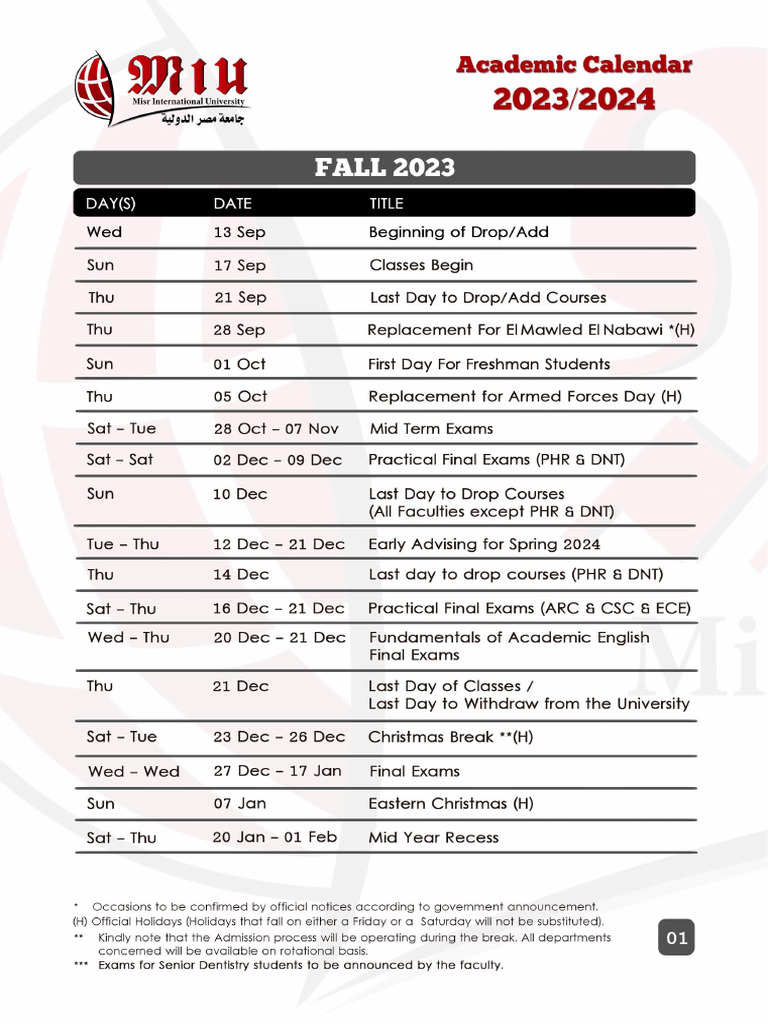 MIU Academic Calendar 2023 2024 V04 PDF