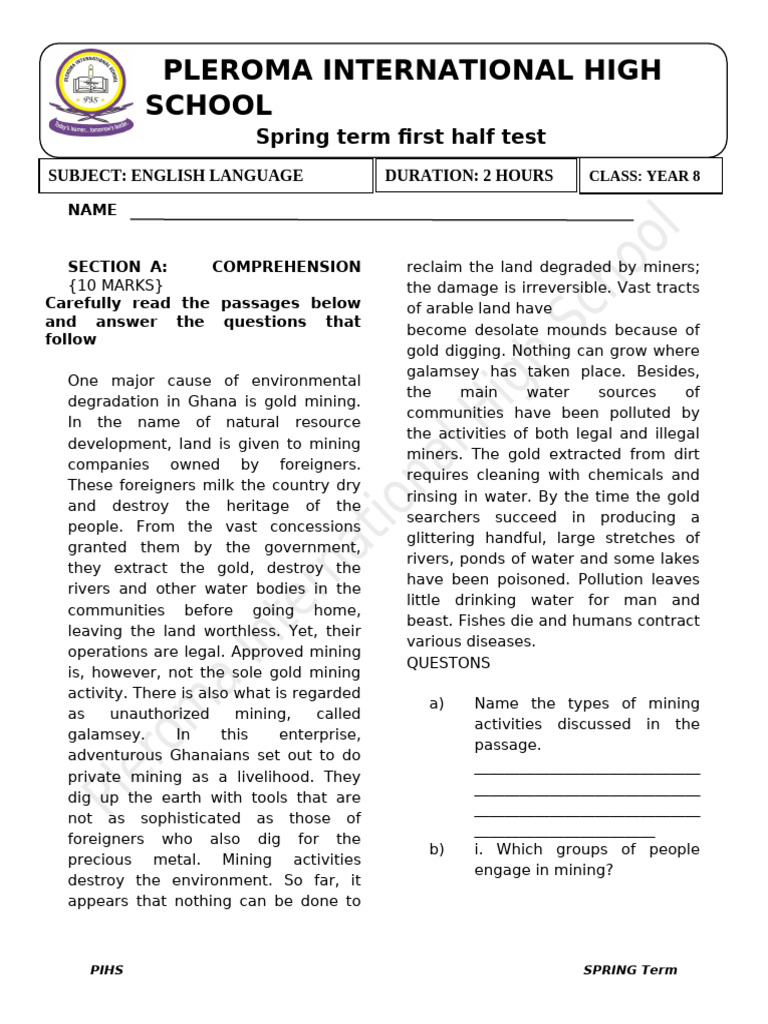 Holiday Homework ENGLISH 8 | PDF