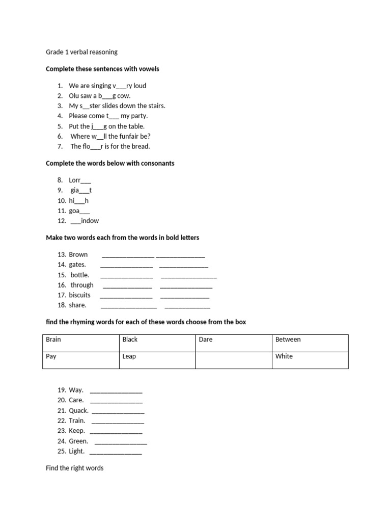 Grade 1 Verbal | PDF