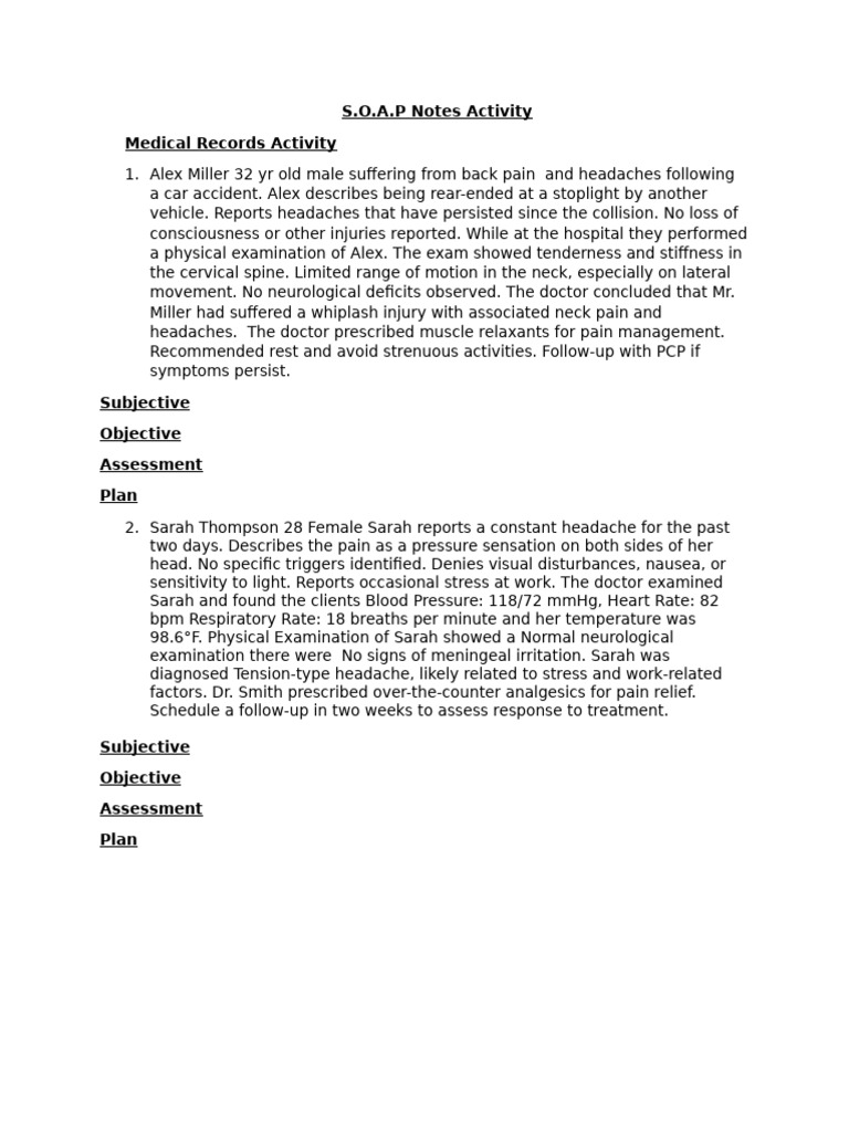 S.O.A.P Notes for Injury Assessments | PDF | Headache | Pain