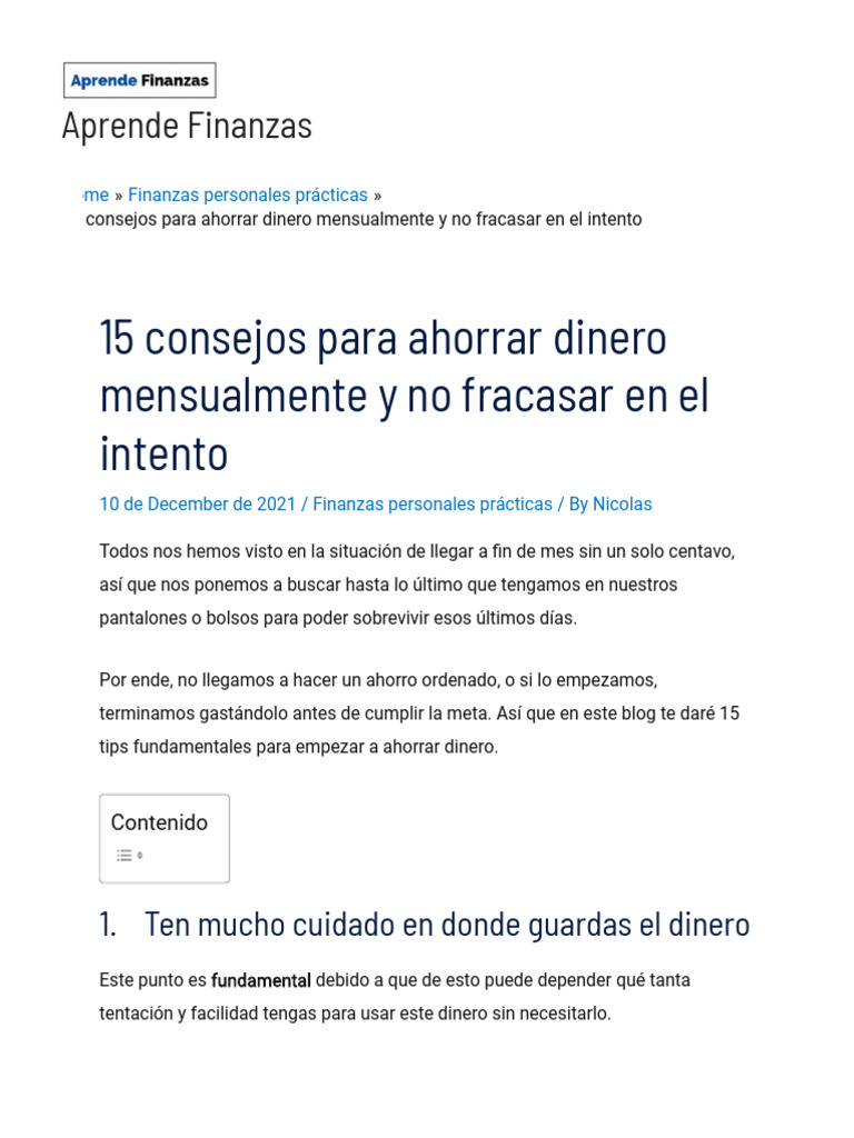 15 Consejos para Ahorrar Dinero Mensualmente y No Fracasar en El ...