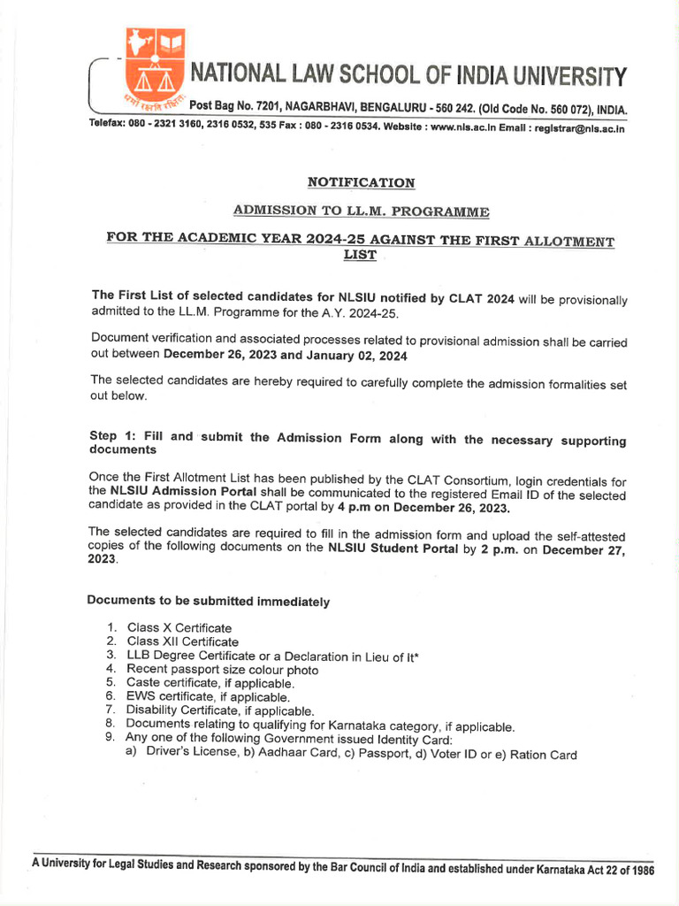 Notification Admission To LL M Programme AY 2024 25 | PDF