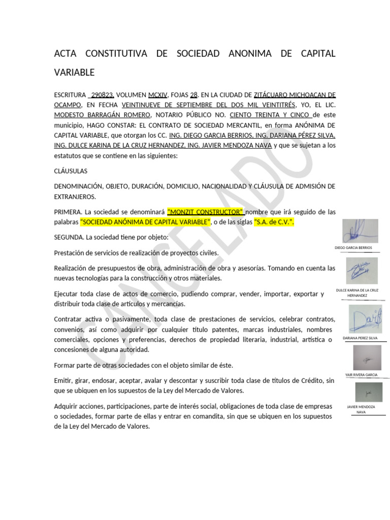 Formato de Acta Constitutiva de Sociedad Anonima de Capital Variable ...