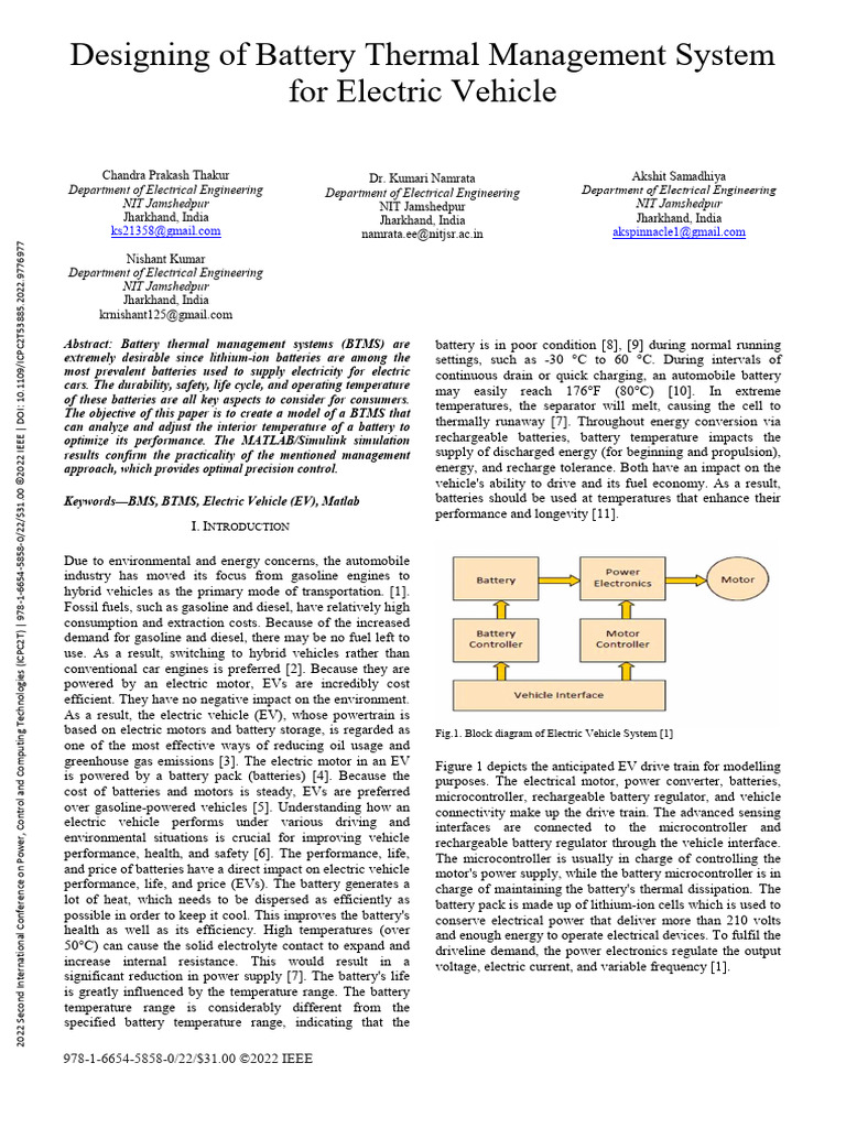 Designing of Battery Thermal Management System For Electric Vehicle-1 | PDF