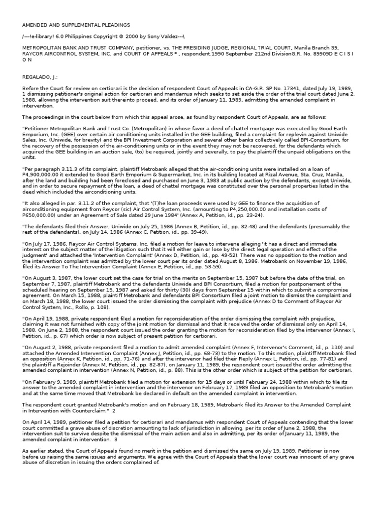 Amended and Supplemental Pleadings Intervention (Law) Lawsuit