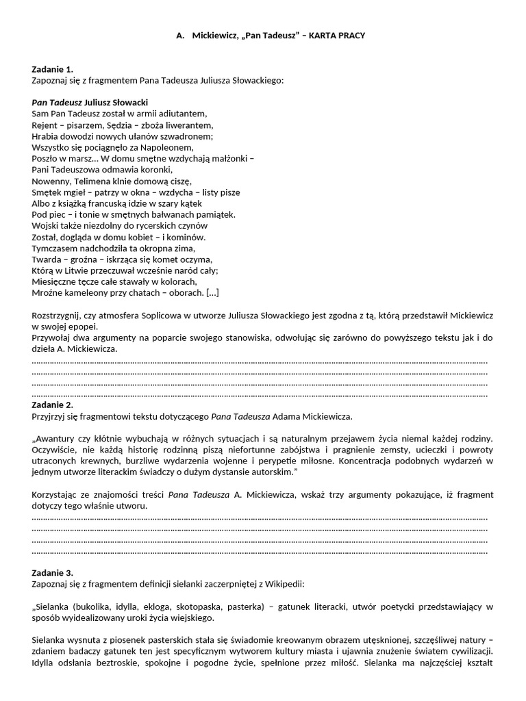 Pan Tadeusz Księga 1 Test karta pracy - pan tadeusz | PDF