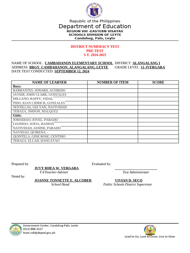 District Numeracy Test Pdf