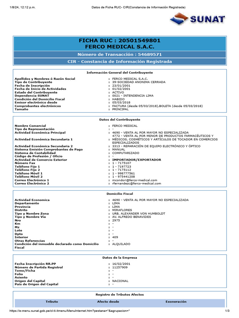 Ficha RUC de Ferco Medical S.A.C. | PDF | Business | Economias