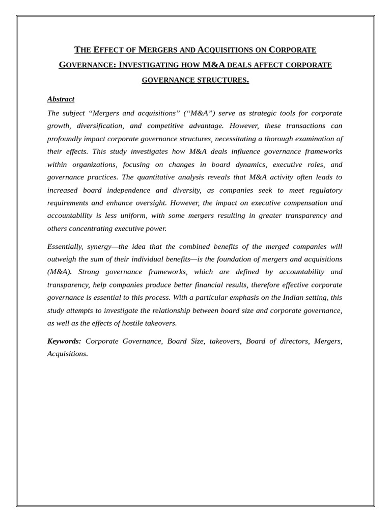 The Effect of Mergers and Acquisitions On Corporate Governance | PDF