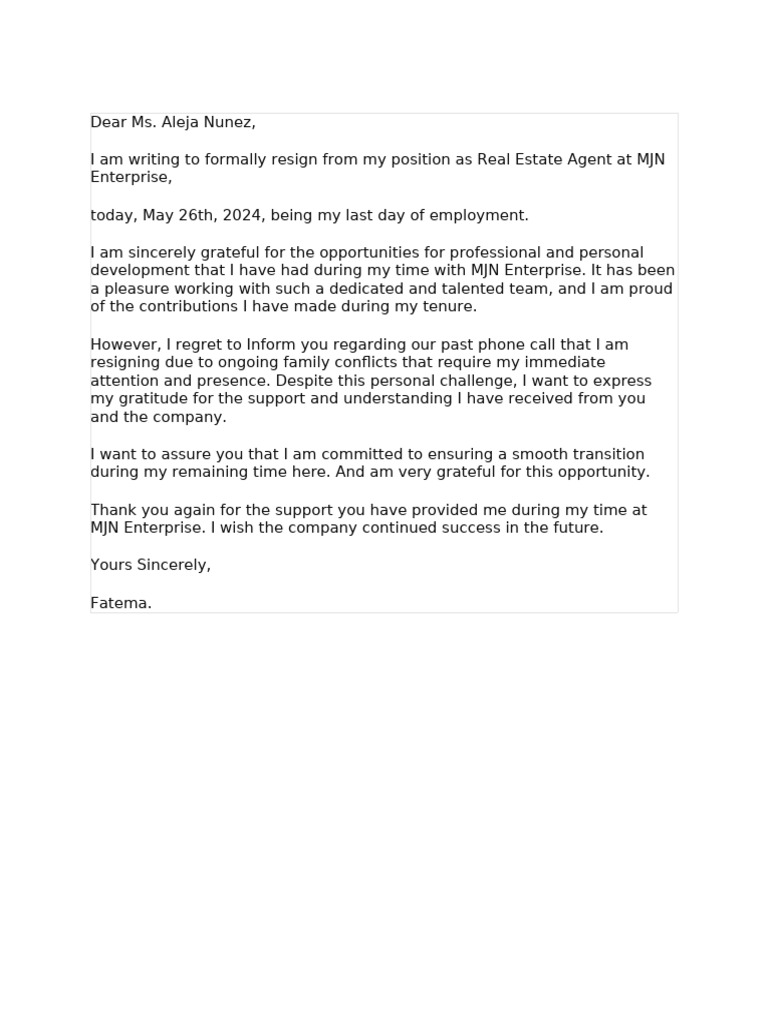 Resgination Letter - Fatema May 26th | PDF