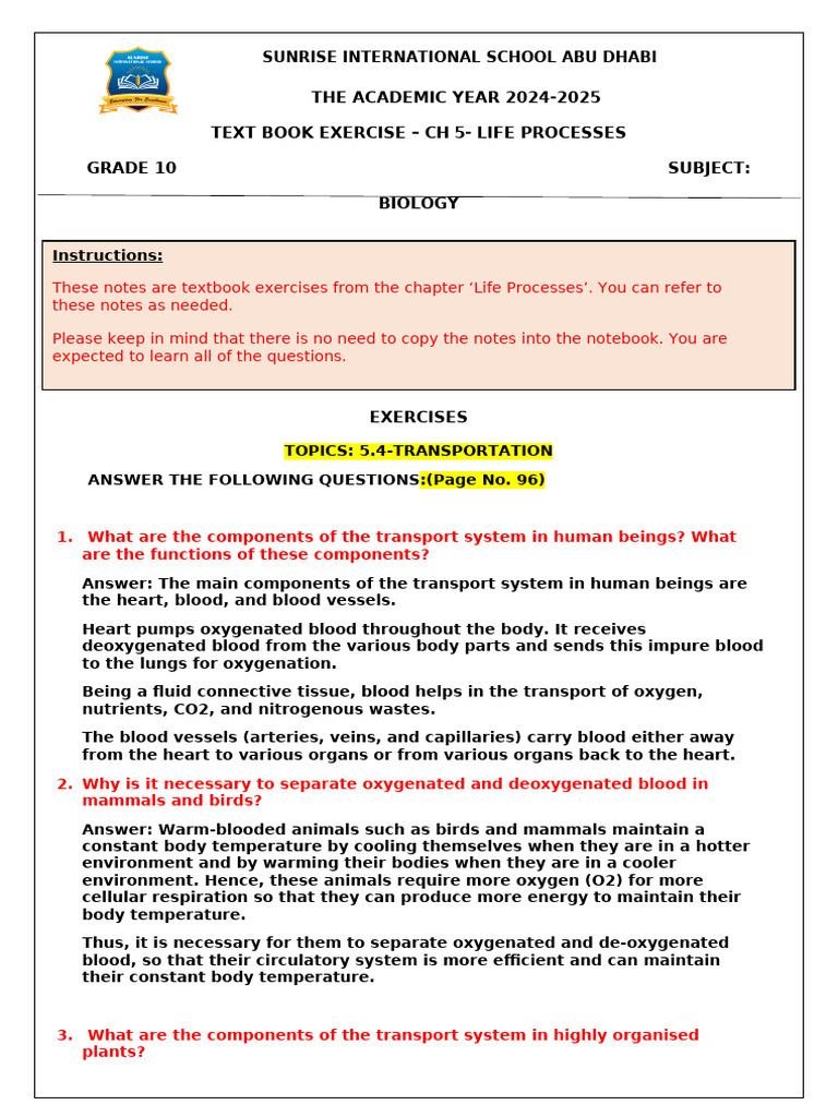 GR 10, Notes, CH 5 Life Processes TB Exercise - 2 | PDF