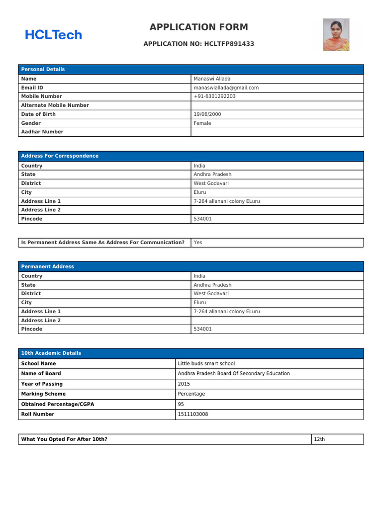 Application Form HCLTFP891433 | PDF