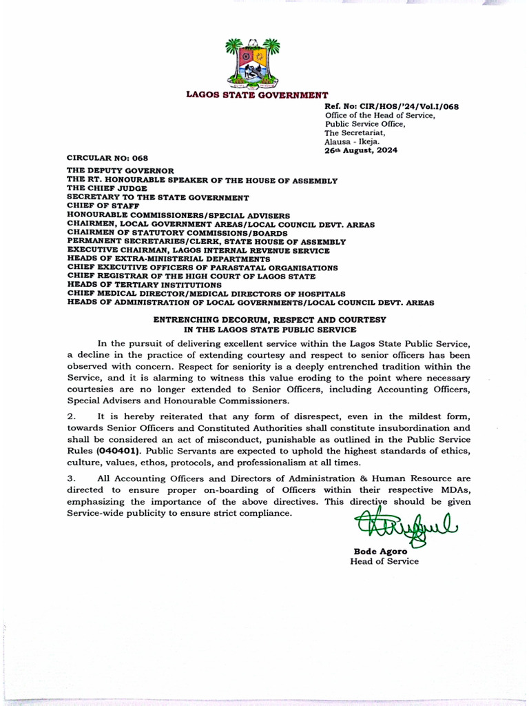 Entrenching Decorum, Respect & Courtesy in The Lagos State Public ...