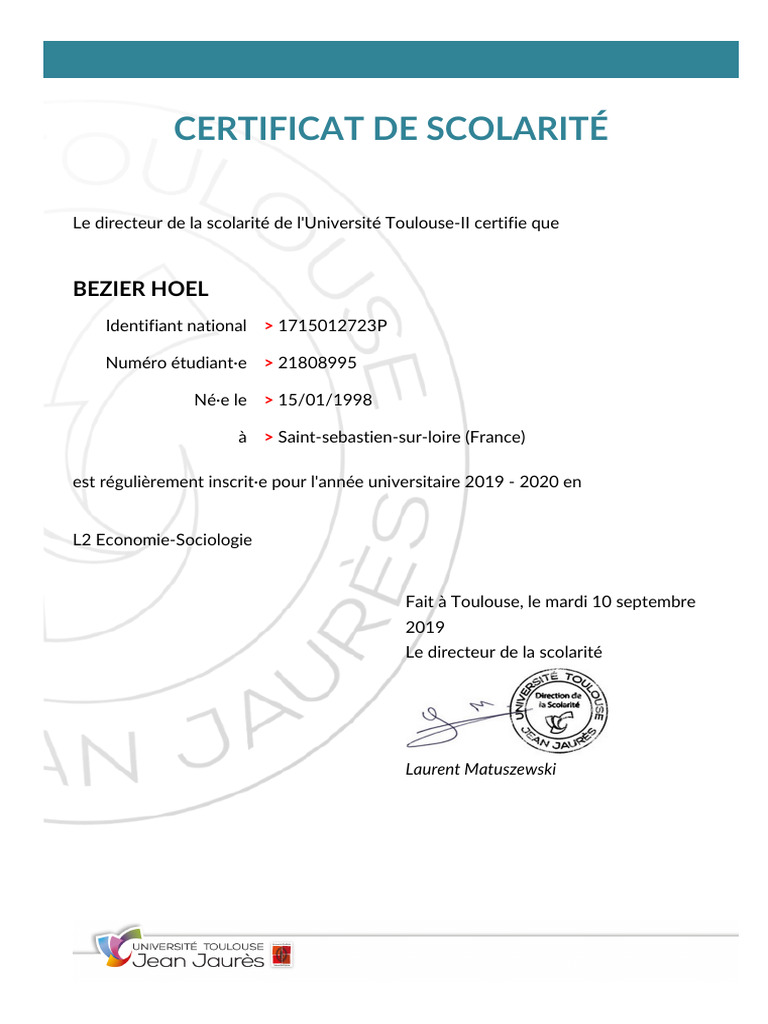 Certificat Scolarité l2 Eco | PDF