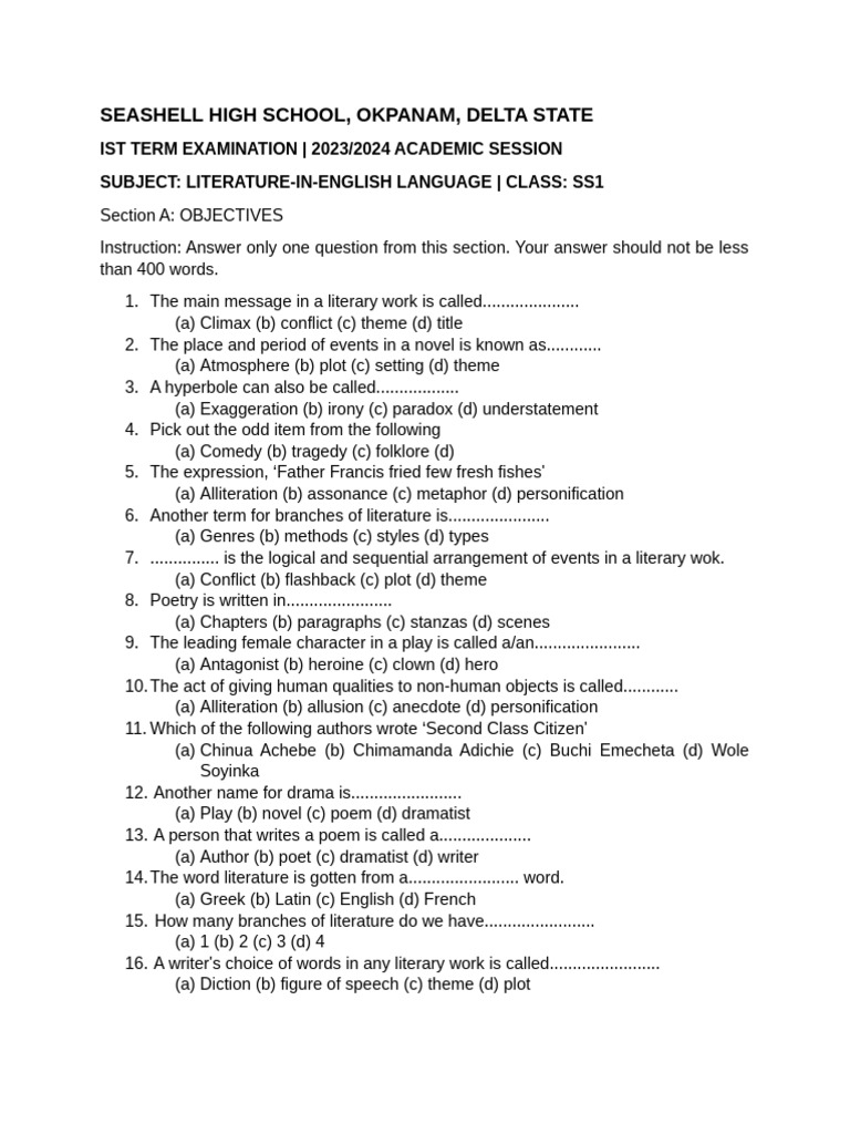 SS1 First Term Literature Exam 2023 | PDF | Poetry