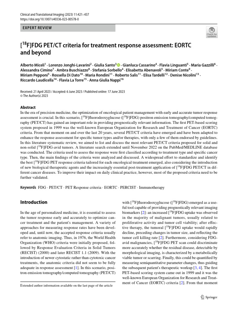 (F) FDG PET/CT Criteria For Treatment Response Assessment: EORTC and ...
