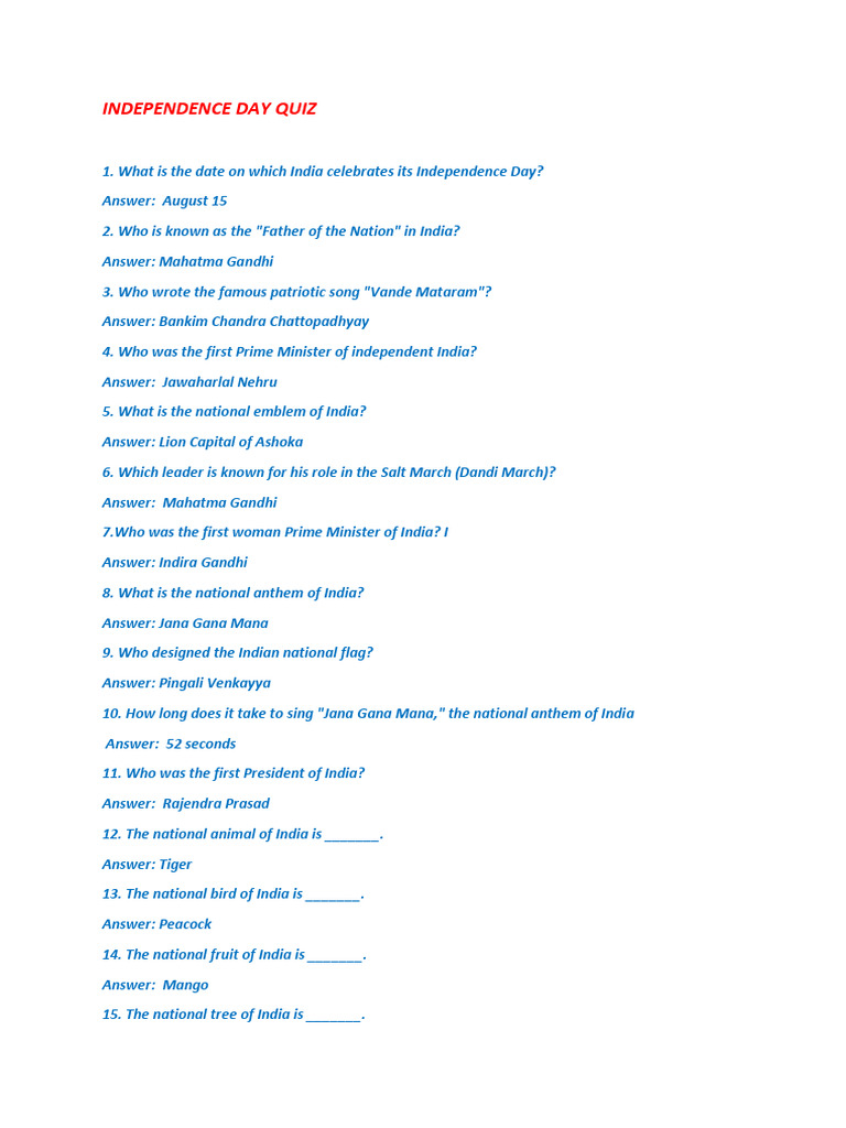 Independence Day Quiz | PDF
