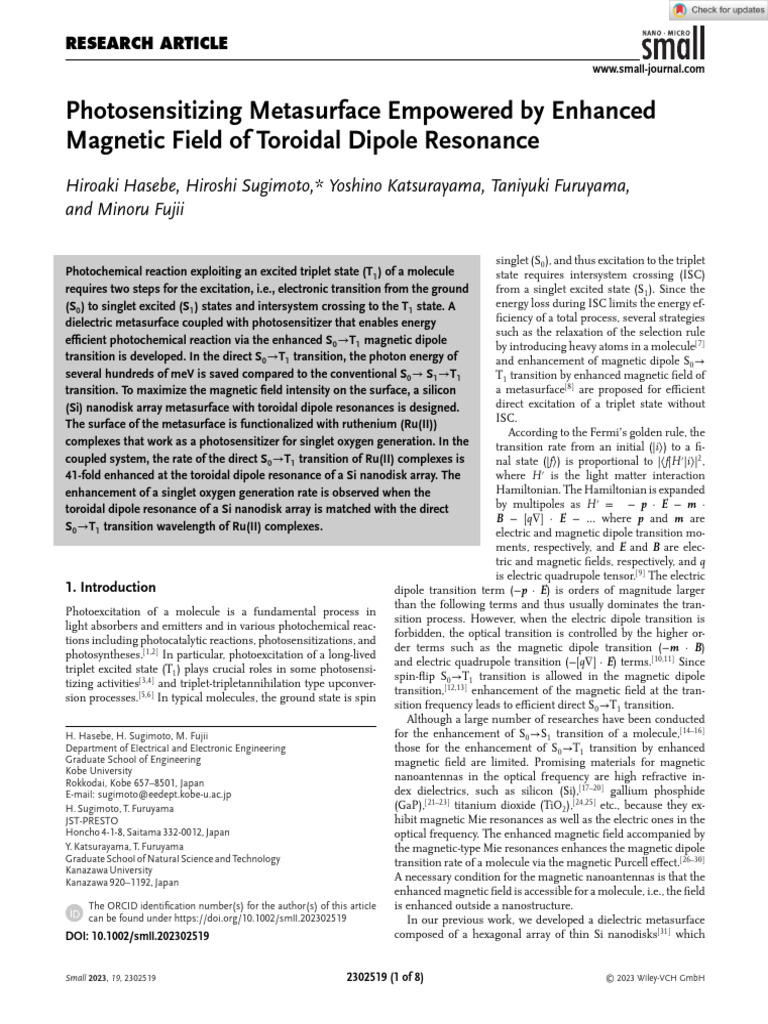 Small 2023 hasebe photosensitizing metasurface empowered by