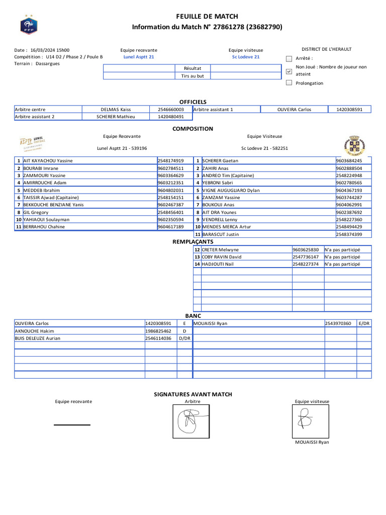 Feuille de Match Information Du Match #27861278 (23682790) | PDF