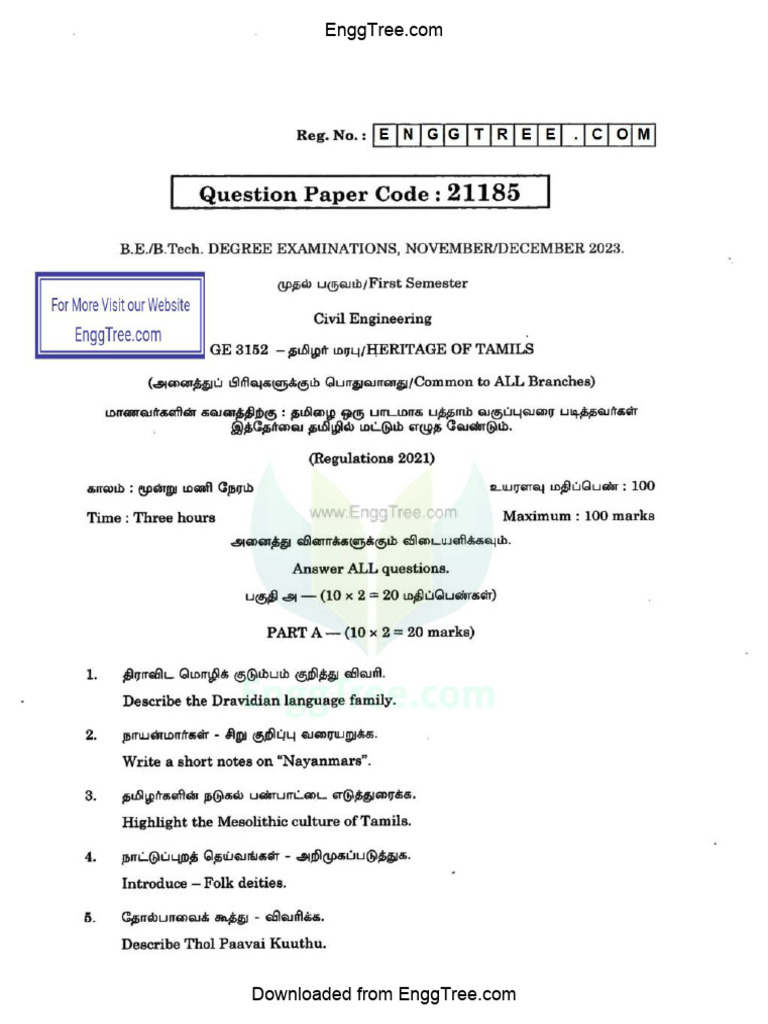 GE3152 Heritage of Tamils Nov Dec 2023 Question Paper Download | PDF