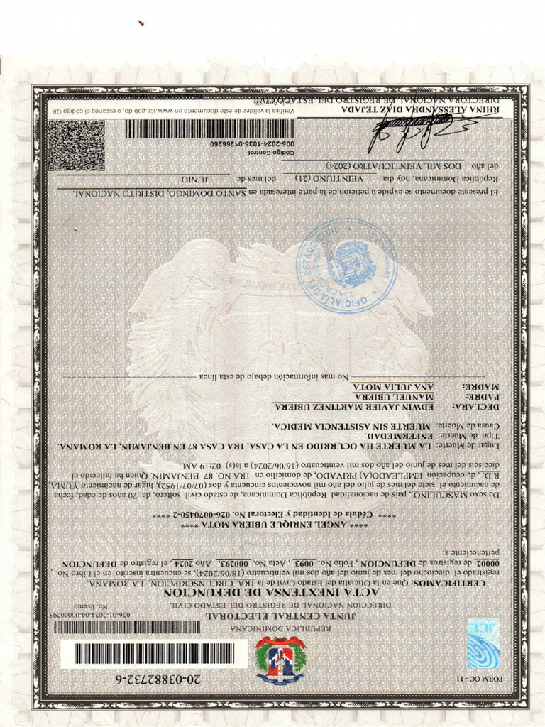 Acta de Defuncion de Angel Enrique Ubiera Mota Real | PDF