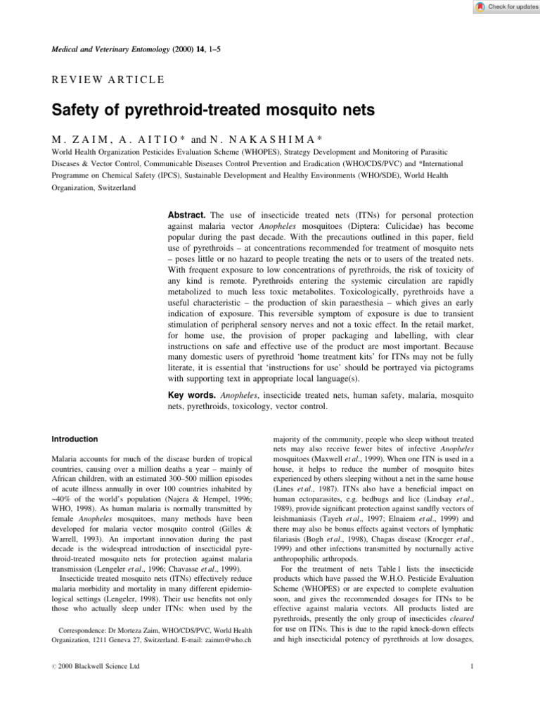 Medical Vet Entomology - 2001 - Zaim - Safety of Pyrethroid Treated ...