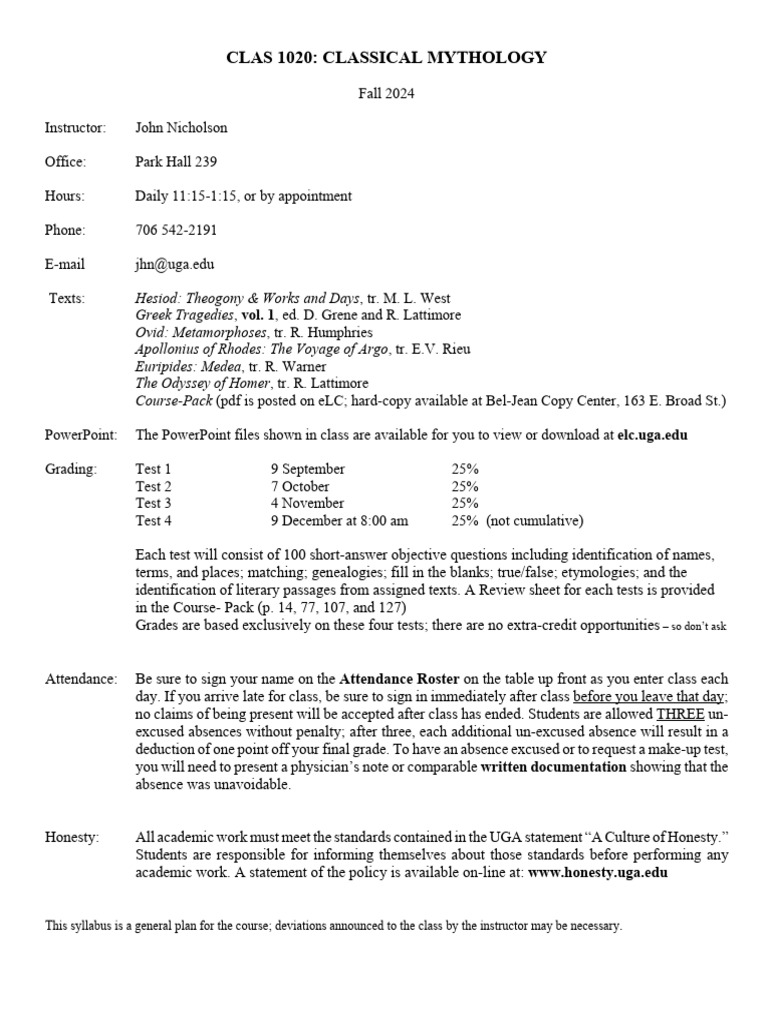 Myth (H) Syllabus F 2024 | PDF