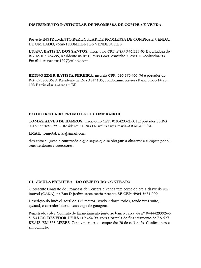 Instrumento Particular de Promessa de Compra e Venda Aracaju | PDF