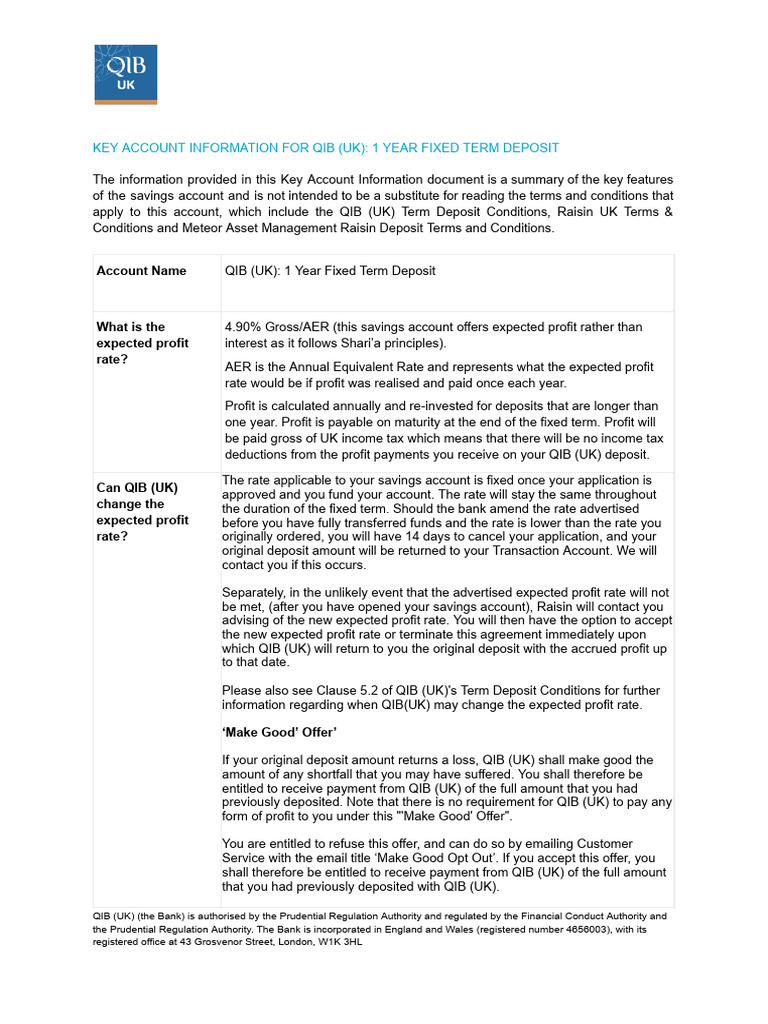 QIB UK 1-Year Fixed Deposit Overview | PDF | Legal Liability | Banks