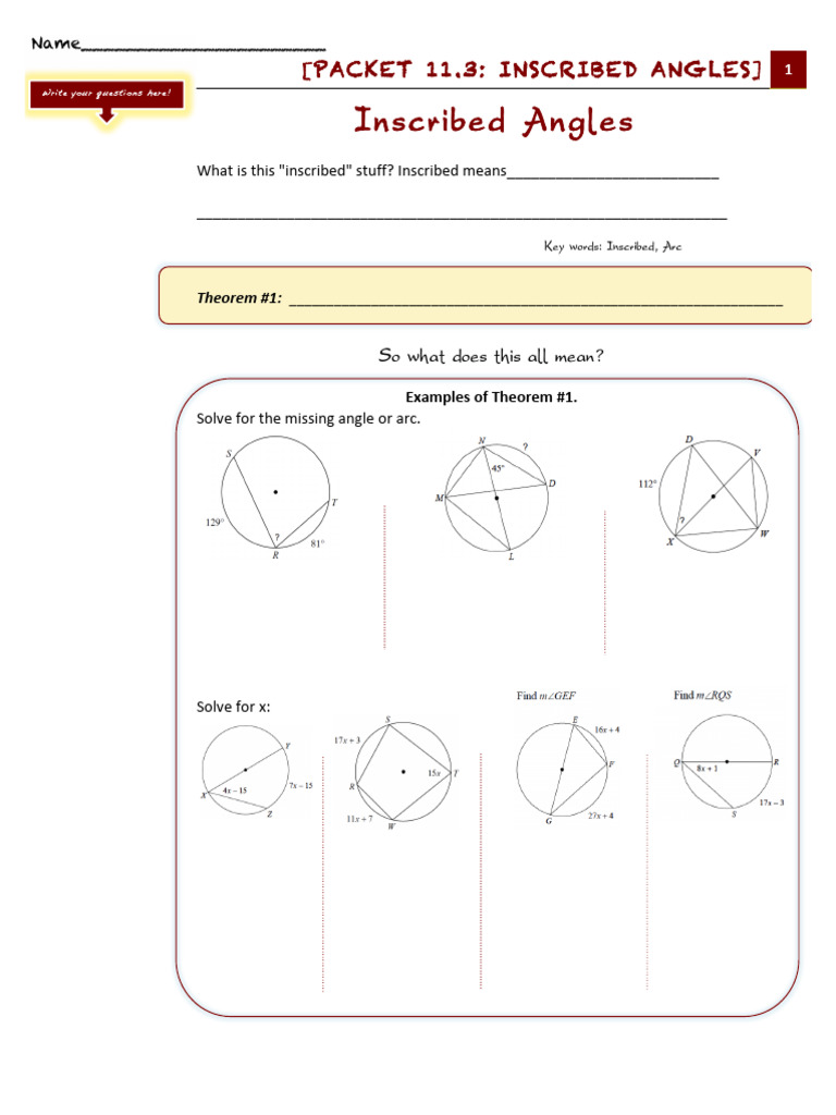 Inscribed Angles Practice Packet 11.3 | PDF | Angle | Teaching Methods ...