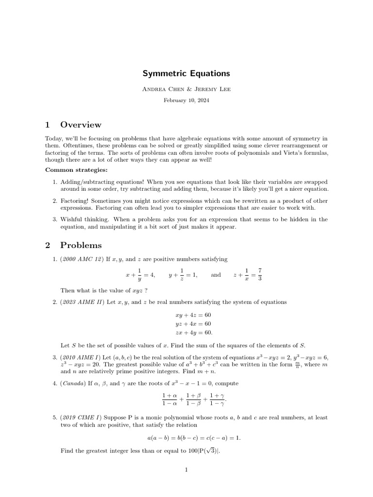 PSET Symmetric Equations | PDF