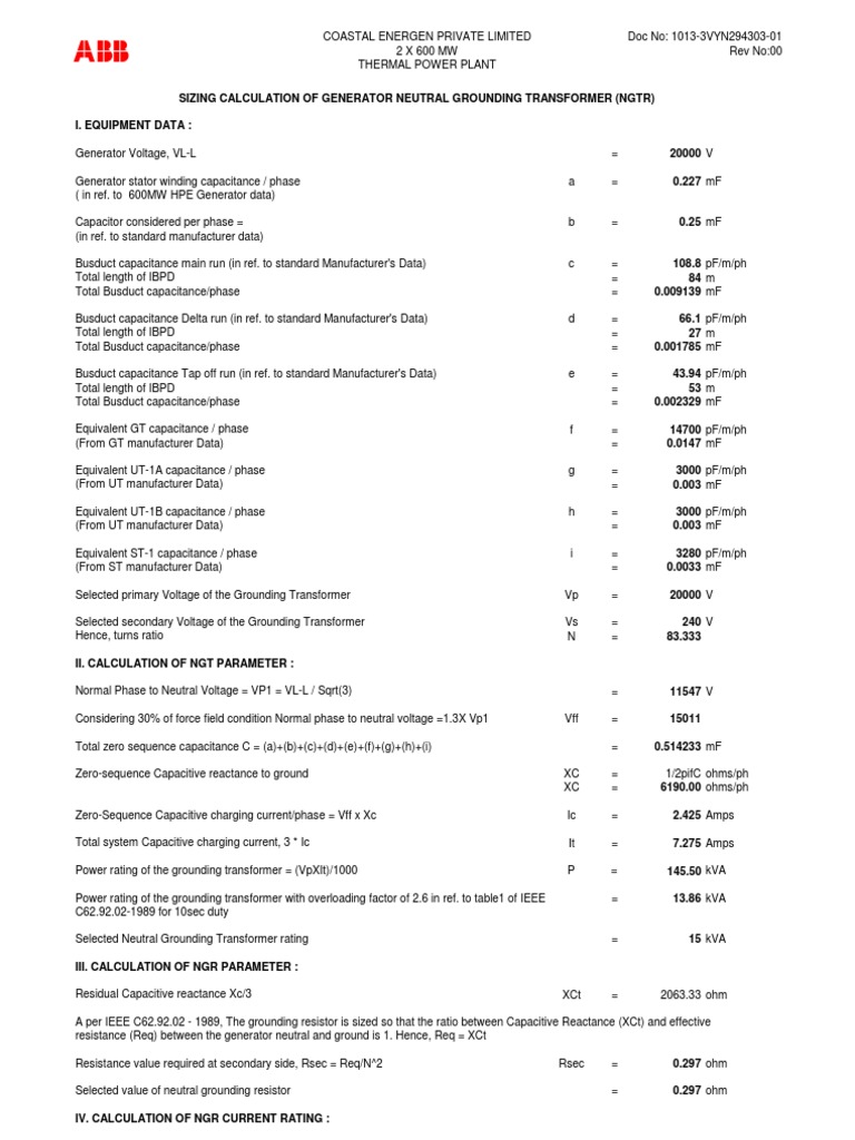 Sizing Calculation of Generator Neutral Grounding Transformer (NGTR