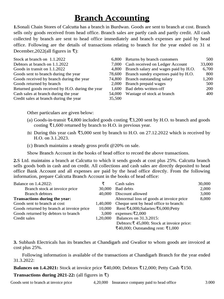 Branch Accounting Problem Sheet 2023 | PDF