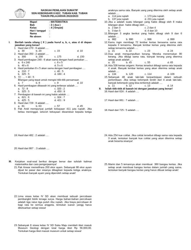 Naskah Sumatif MTK Ke 2 | PDF