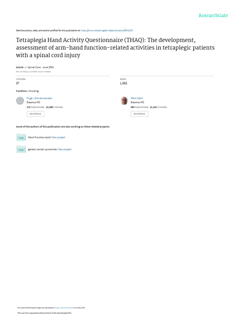 Tetraplegia Hand Activity Questionnaire THAQ The D | PDF