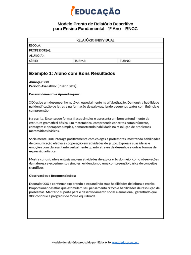 Modelos Prontos de Relatório Individual para Ensino Fundamental - 1º ...