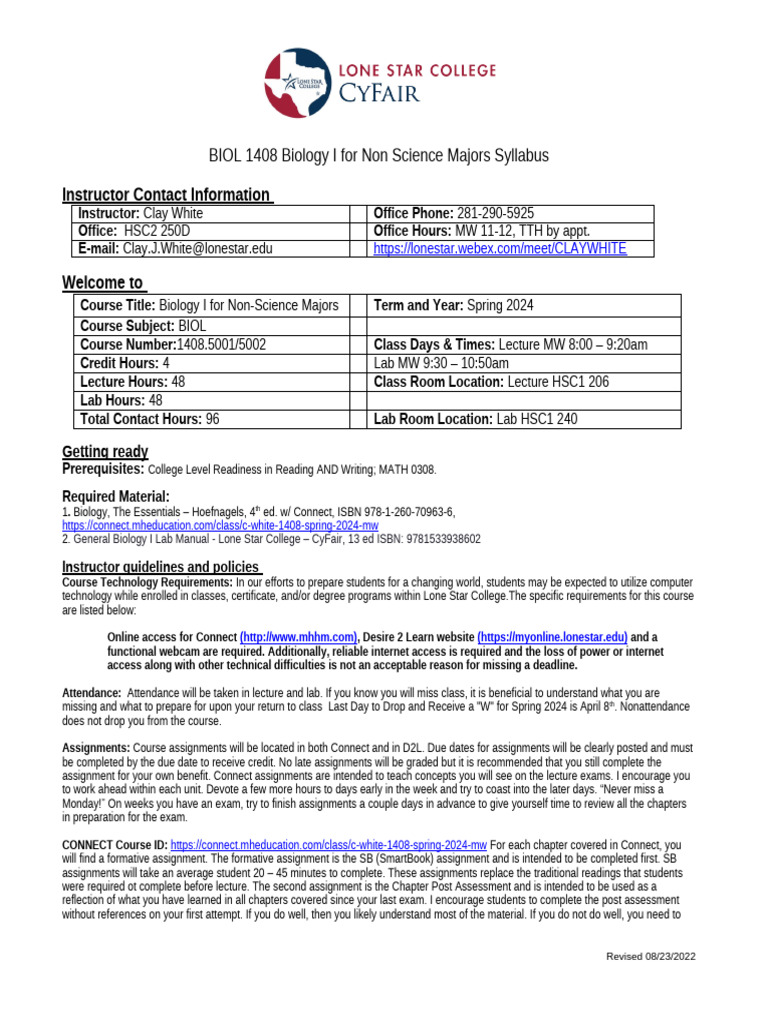 BIOL 1408 5001 White SP24 | PDF