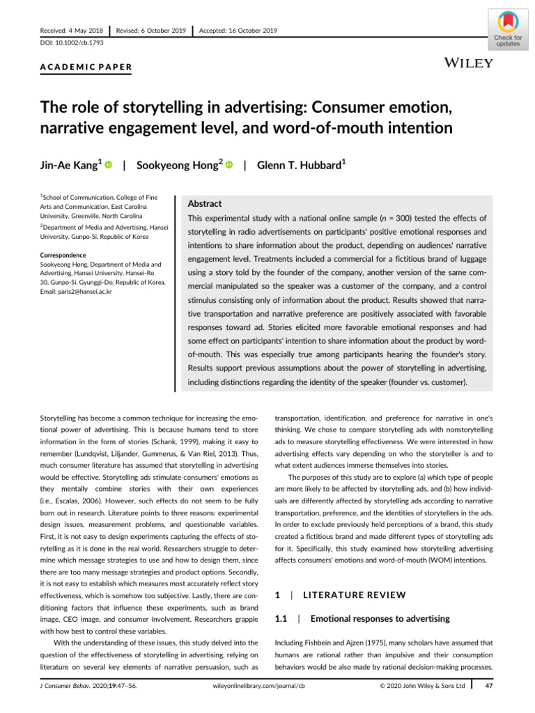 The Role of Storytelling in Advertising: Consumer Emotion, Narrative ...
