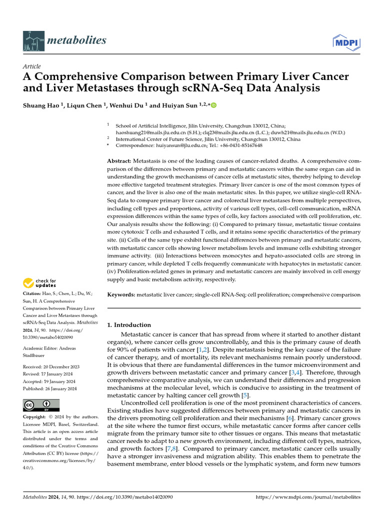 A Comprehensive Comparison Between Primary Liver Cancer and Liver ...