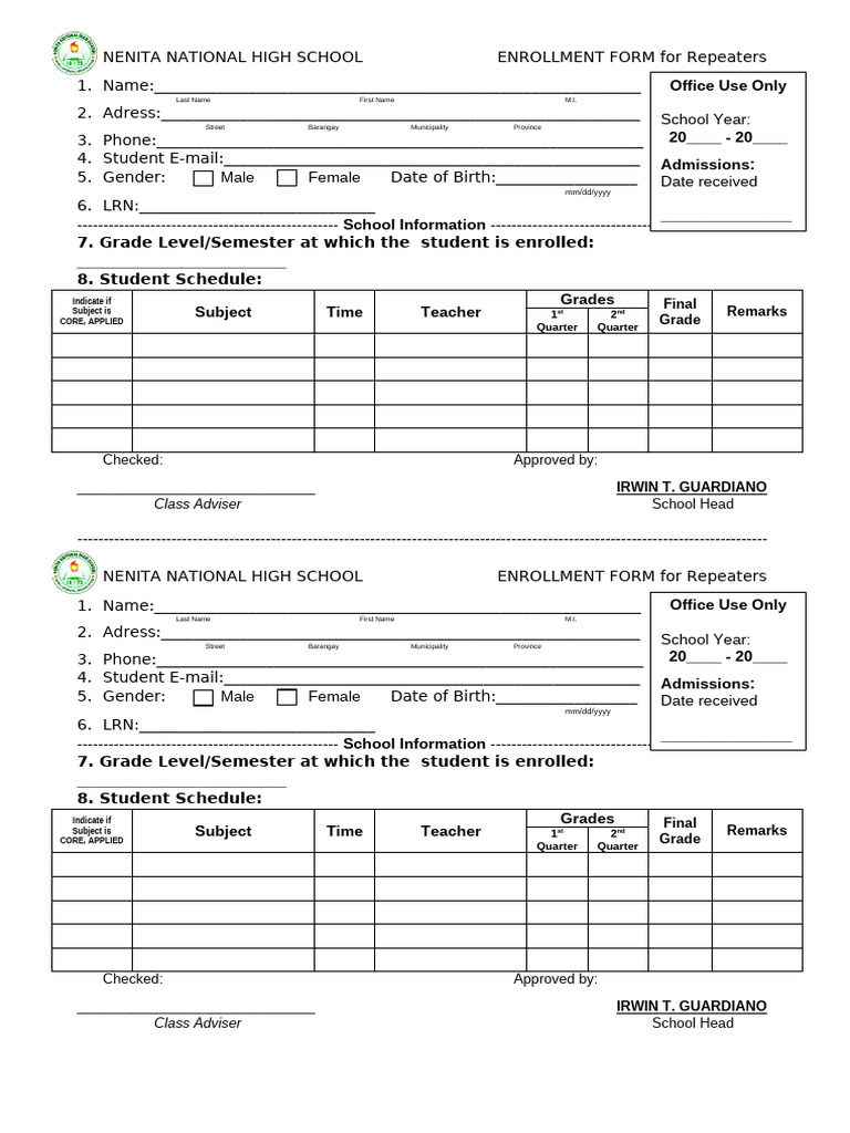 NENITA High School Repeater Enrollment Form | PDF
