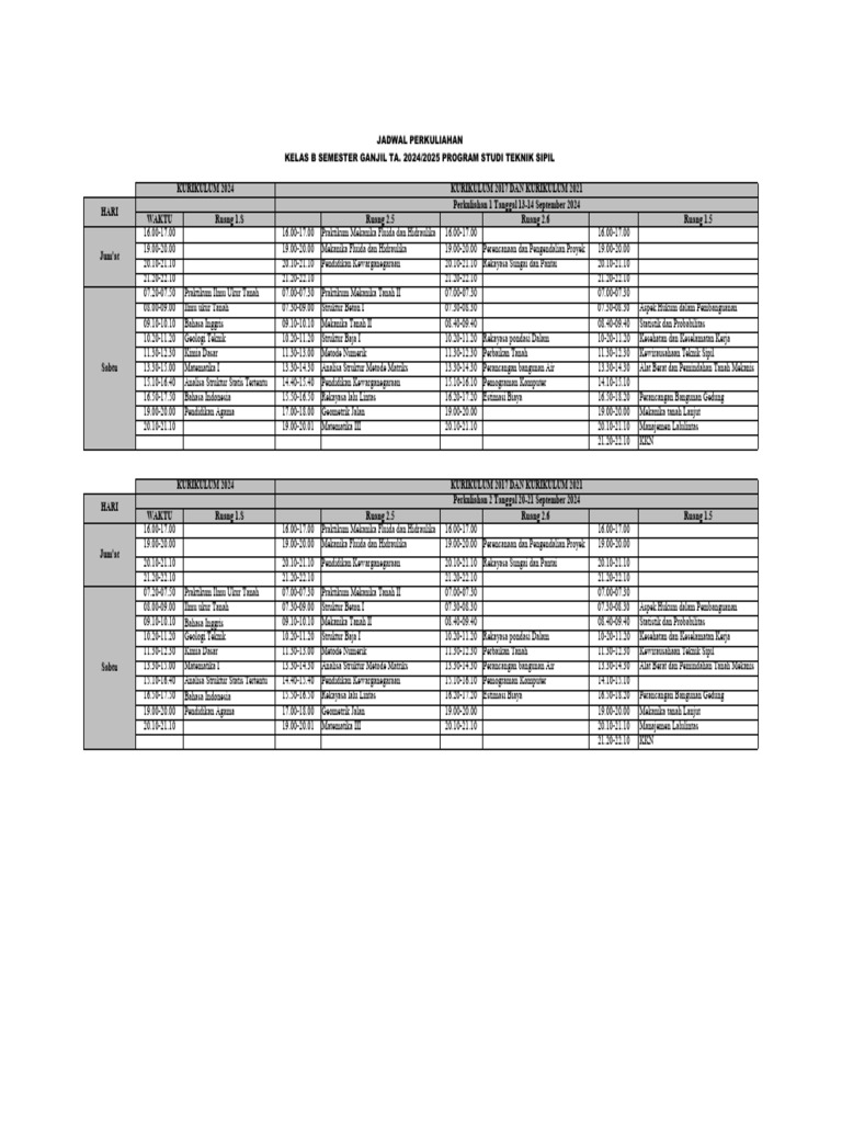 Jadwal Perkuliahan Kelas B Semester Ganjil 2024 2025 Pelaksanaan 1 Pdf