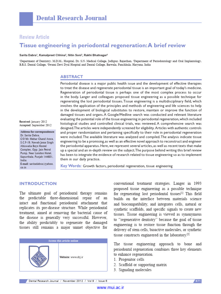 Tissue engineering in periodontal regeneration A brief review | PDF