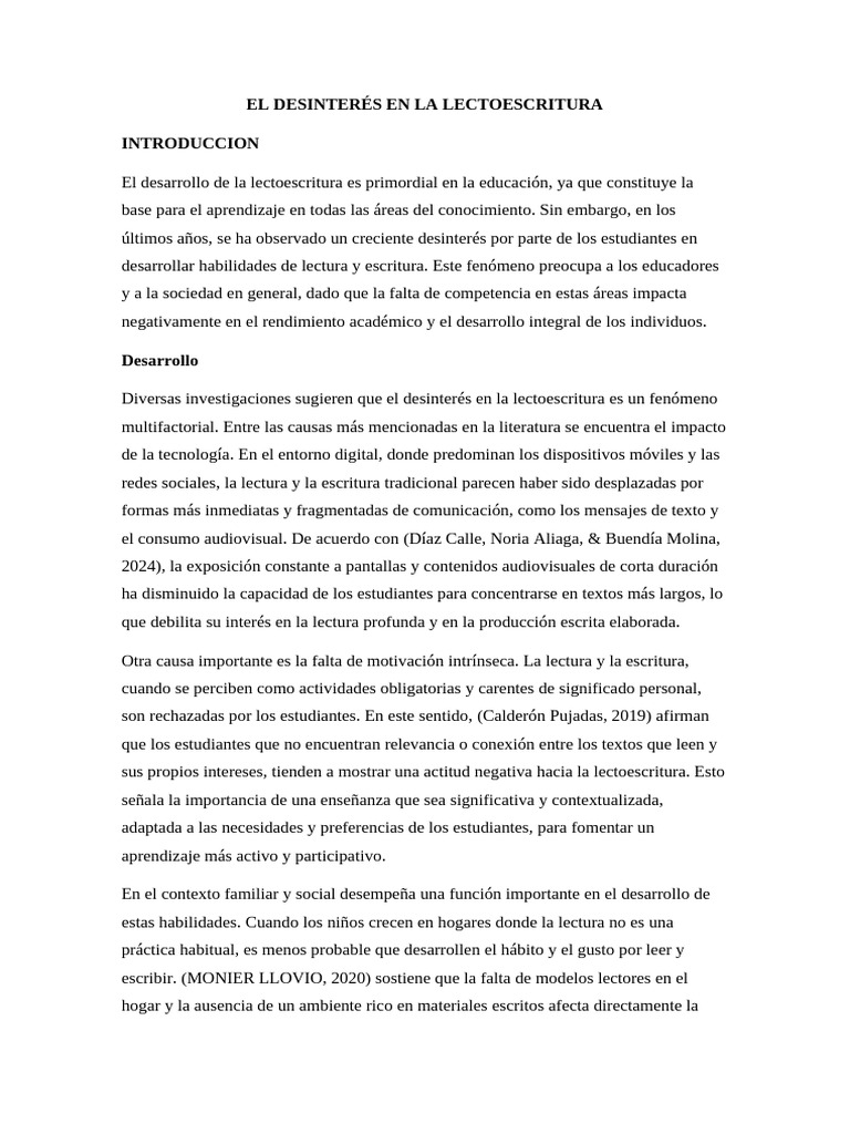 Desinterés en Lectoescritura Escolar | PDF | Enseñando | Pensamiento